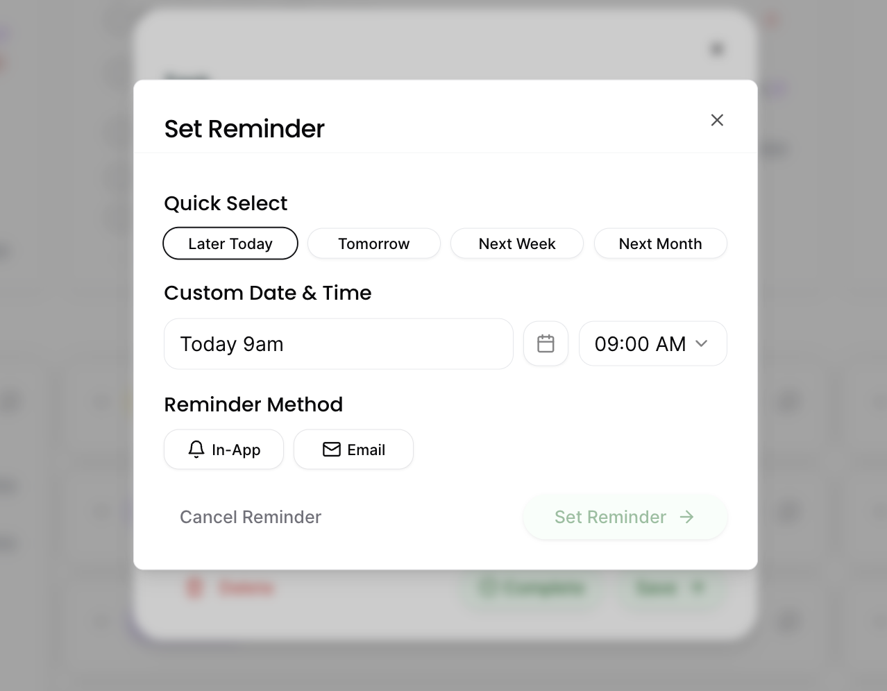Quick date selector interface showing preset reminder options